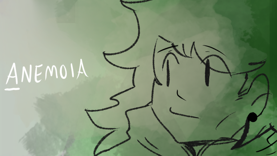 art drawn of a person looking to their side with their hand on their cheek, making their cheek look puffed out. They are staring into space. To the left of the person is the game title, Anemoia. The image is colored with a gradient going from green to white.