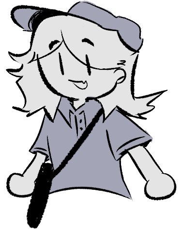 drawing of a character dressed like a mail man. They are wearing a short sleeve, buttoned up shirt. They have a cross body bag on that is full of mail. They are wearing a cap on their head.