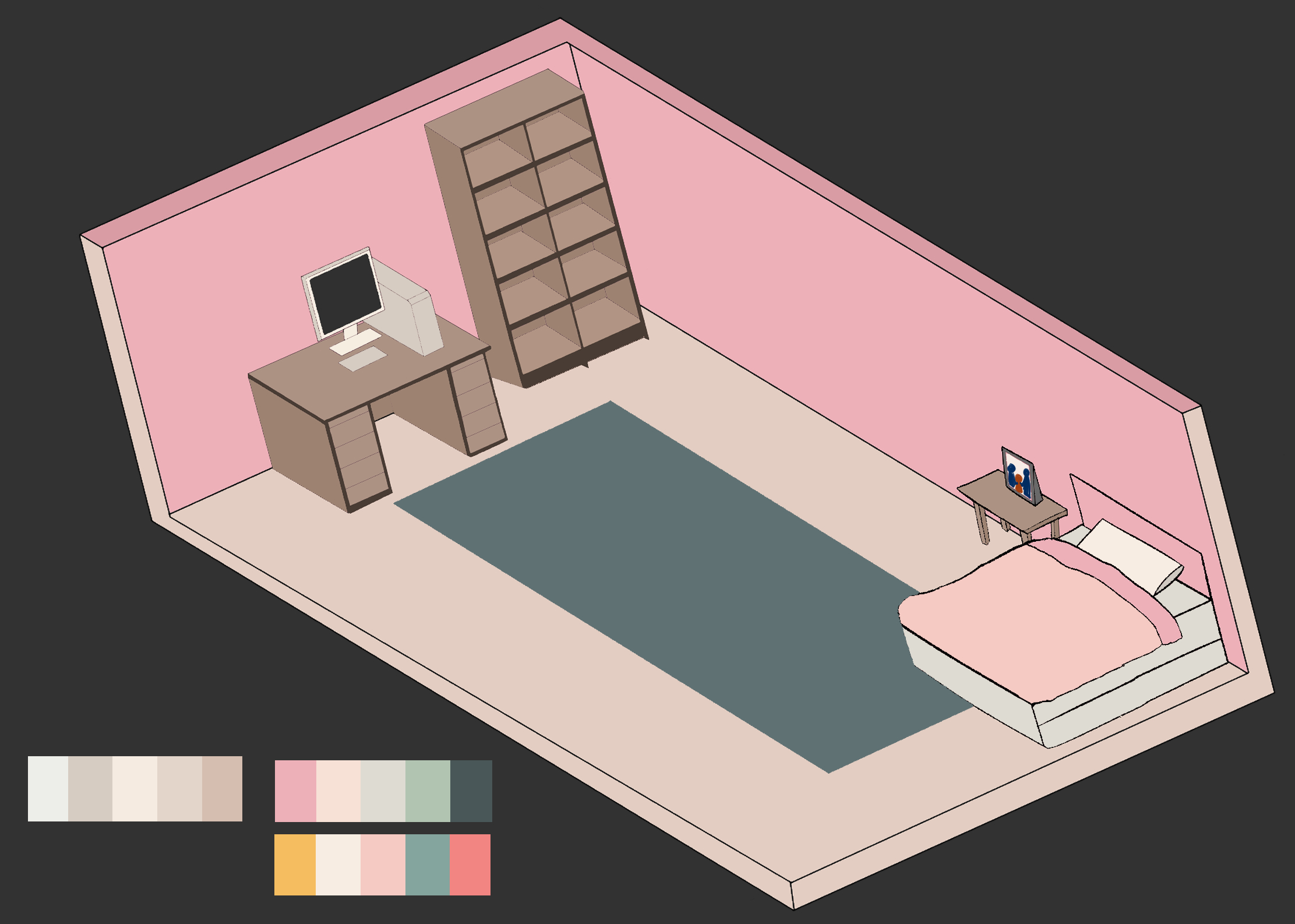 early concept art for characters bedroom, but showing off different color palettes for it