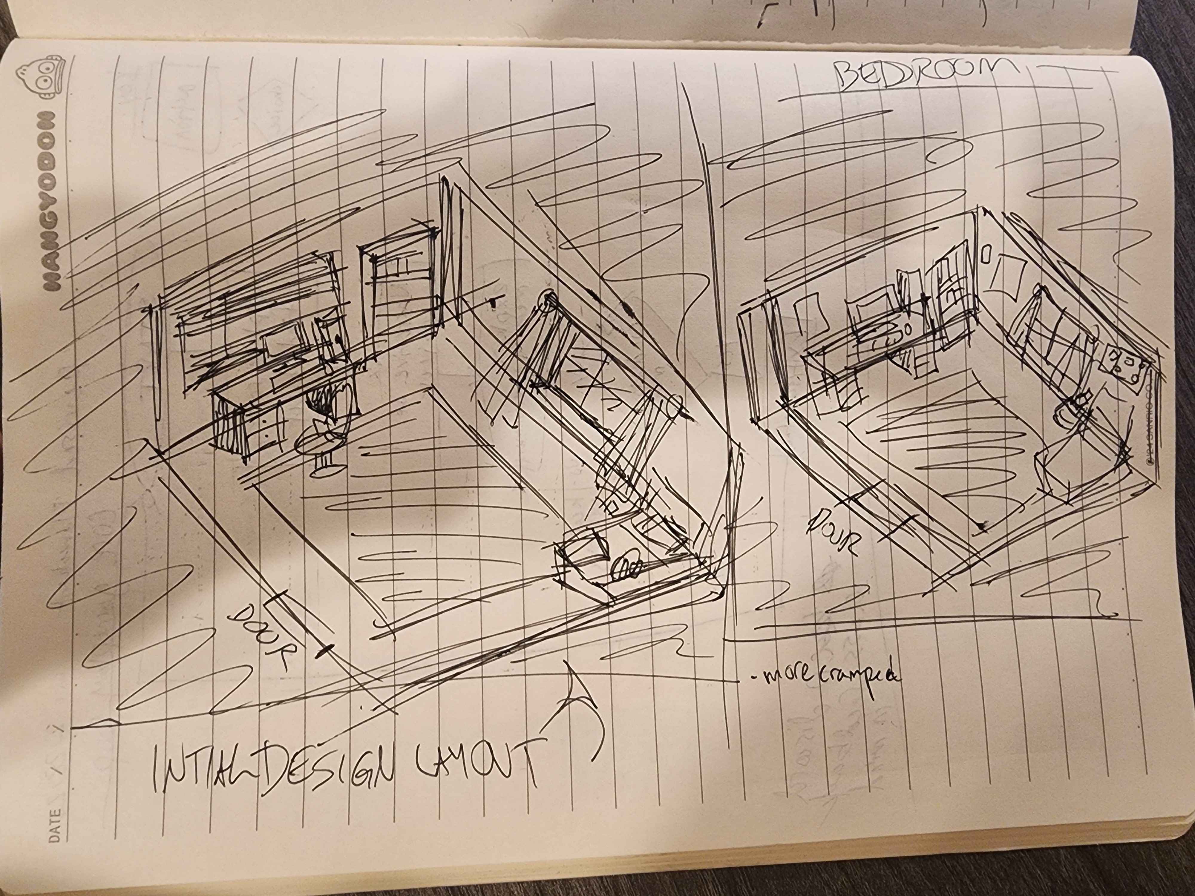 character bedroom sketches drawn on notebook paper using a pencil