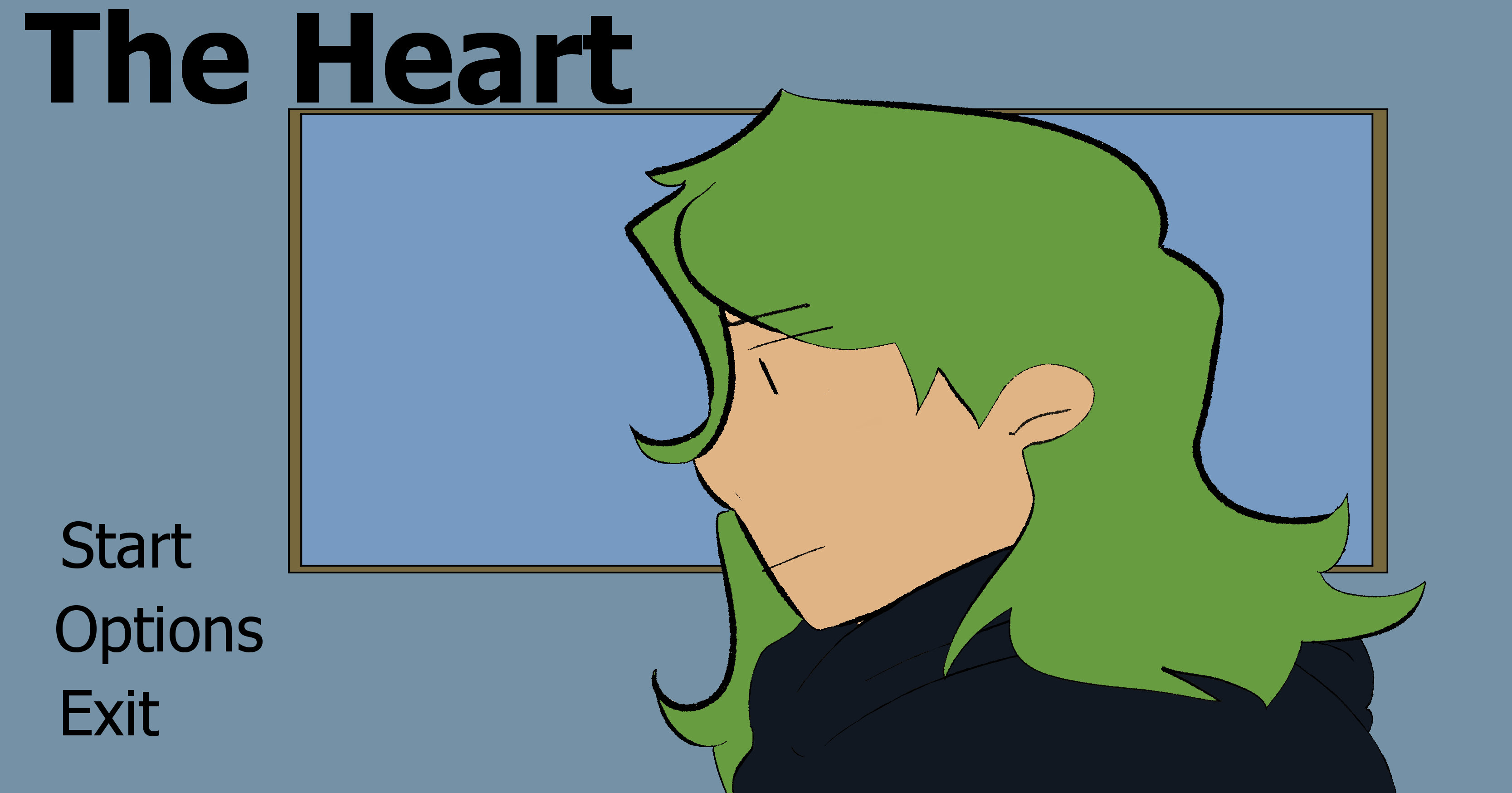early main menu design for our project. There is a character with green hair, sitting on a bus at the window seat. There is a menu to their left that reads: Start, Options, Exit